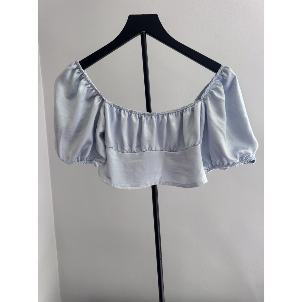 Baby Blue Satin Puff Sleeve Crop Top Sz S Cottagecore Coquette